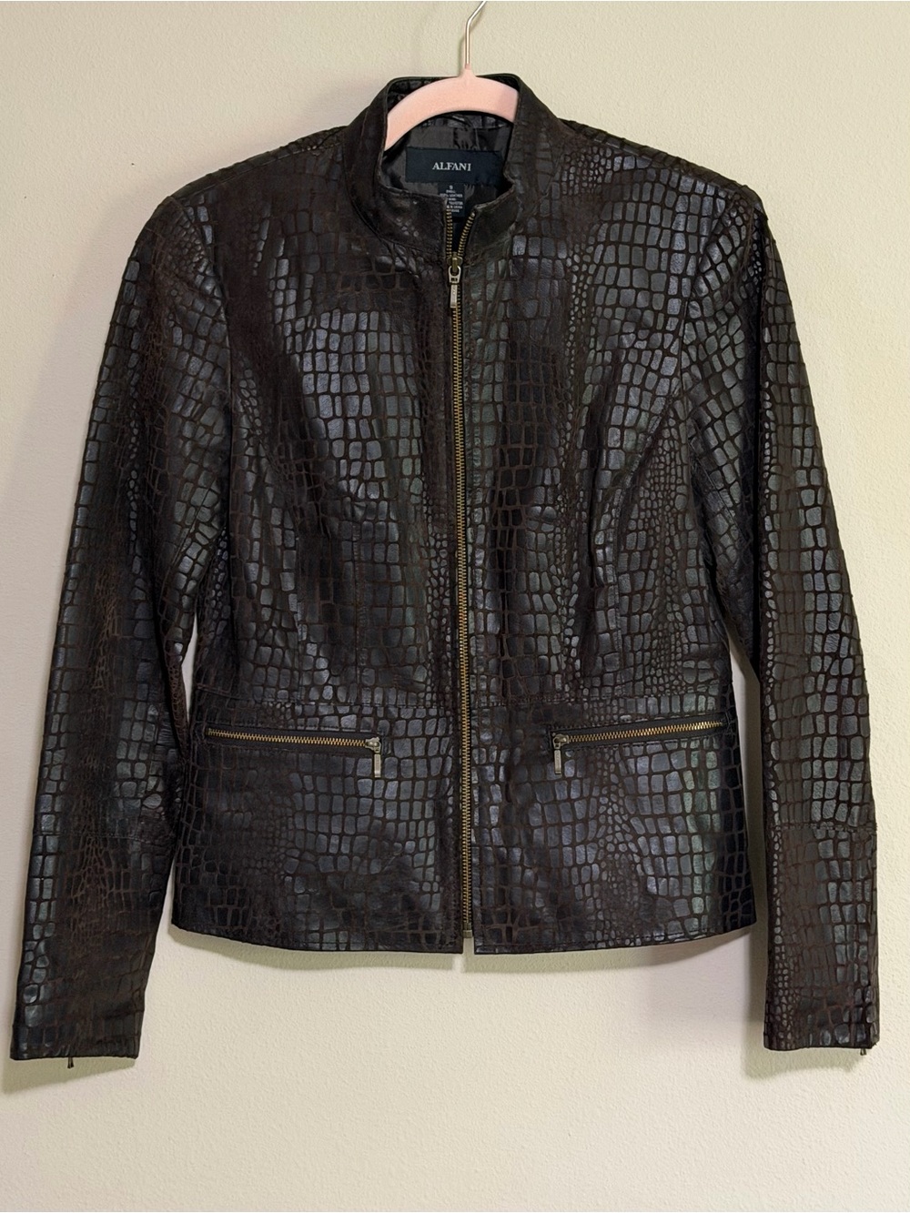 Alfani Women's Dark Brown Croc-Embossed Zip Leather Jacket